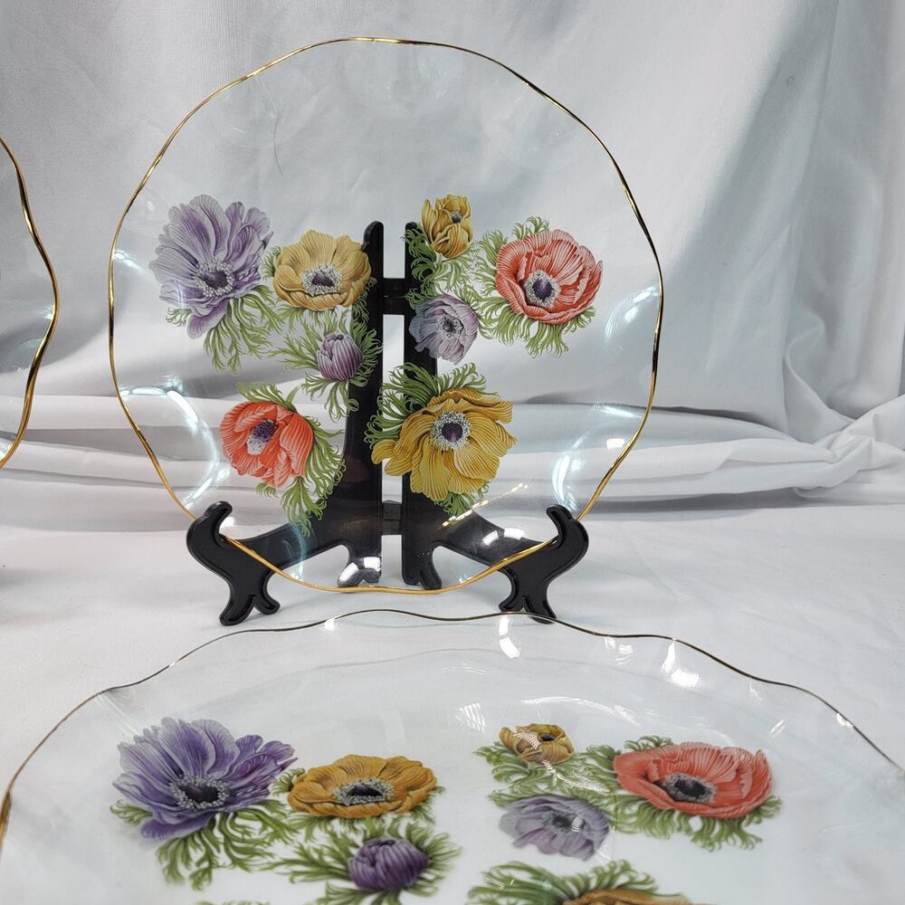 Chance Glass Anemone Floral 8" Luncheon Plates Set of 4 Scallop Edge Gold Rim - Picture 3 of 16